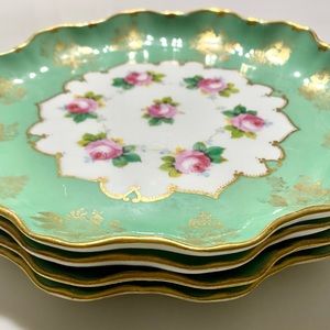 Royal Doulton 1920’s pink rose green gold salad dessert plates 8 inch 4 antique